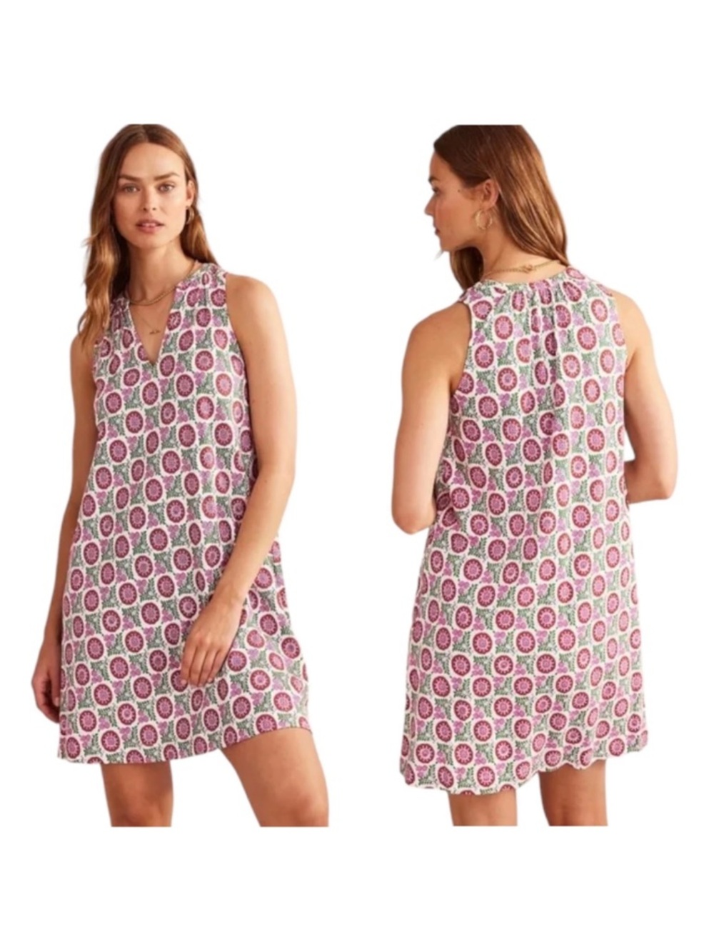 Boden Notch-Neck Jersey Dress Gin Fizz Sunflower Sprig Size 16 18 Slub Cotton